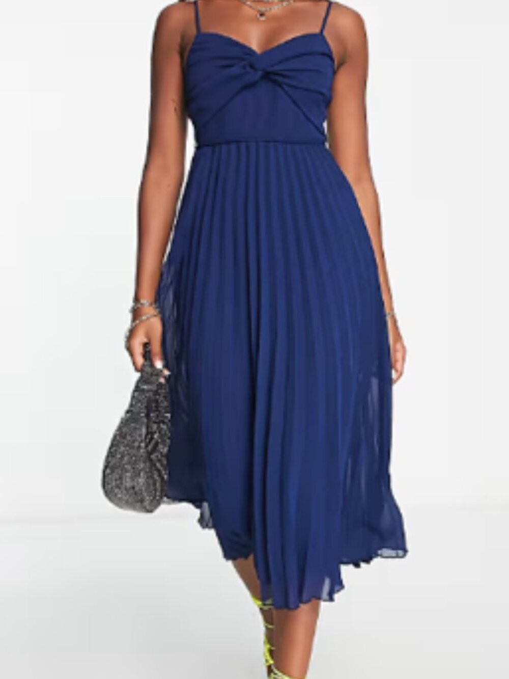 ASOS DESIGN twist front pleated cami midi dress with belt in navy Size: 0